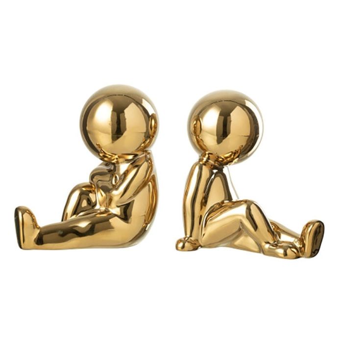 Set van twee goudkleurige boekensteunen met zittende figuren, glanzende afwerking, los gefotografeerd op witte achtergrond.