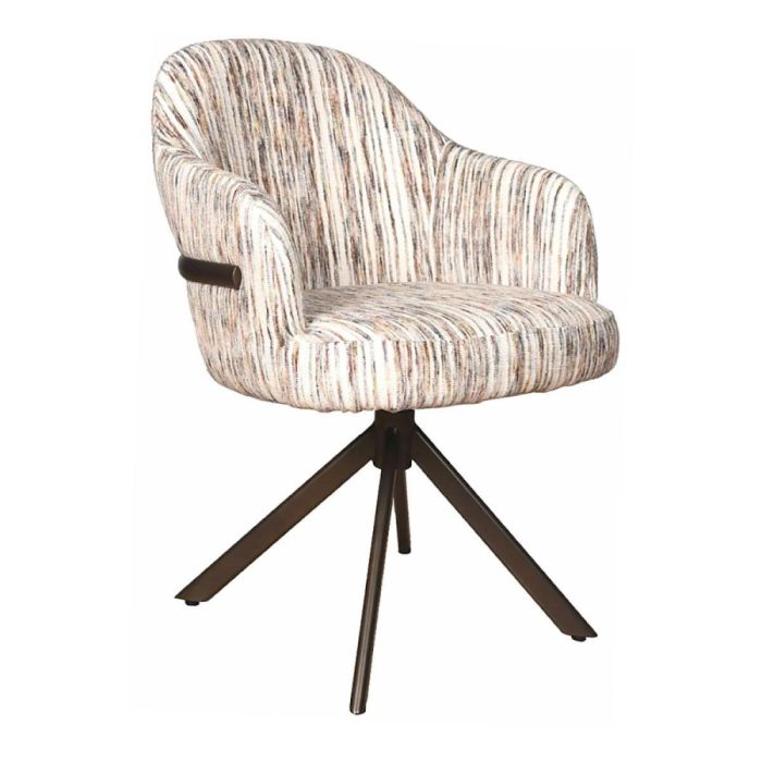 Trendhopper armstoel New York met ronde kuip en armleuningen, bekleed met streeppatroon stof, op donker draaionderstel tegen witte achtergrond.