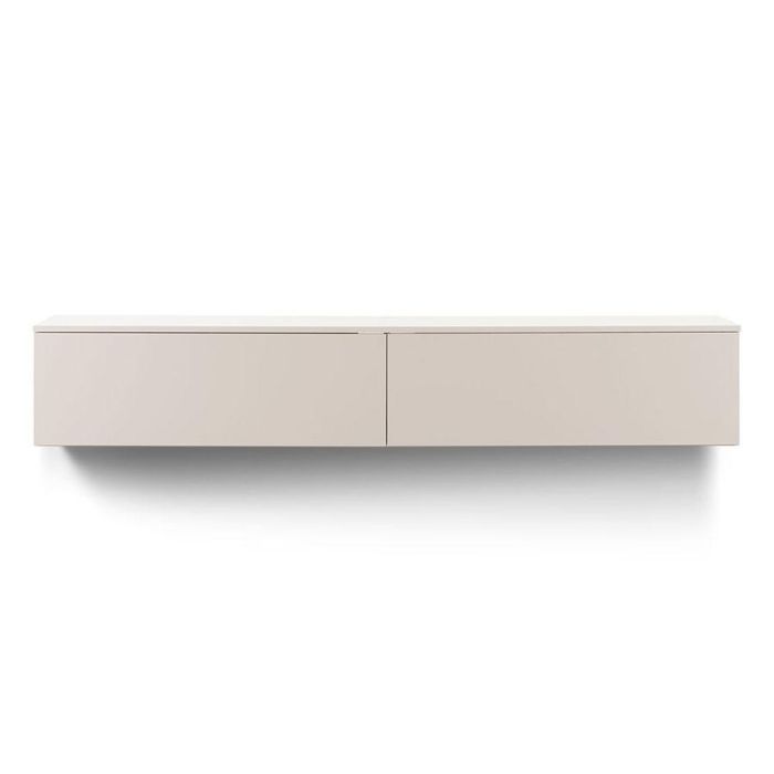 Hangend tv-meubel Simeto 210 cm zandgrijs met twee kleppen, strak frontaanzicht op witte achtergrond