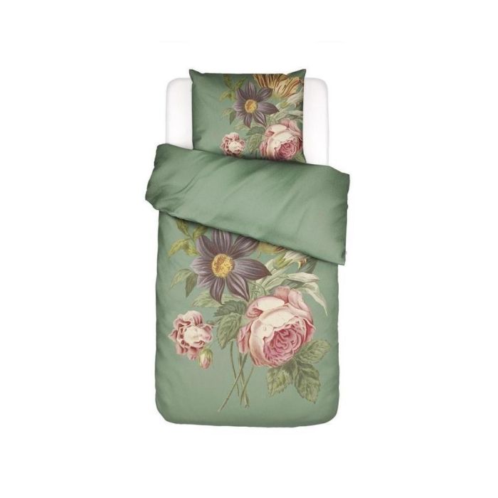 Groen Madia dekbedovertrek met bloemenprint van pioenrozen en tulpen, 1-persoons bed