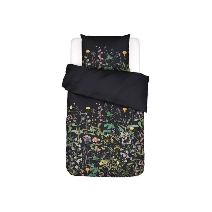 Eenpersoons dekbedovertrek Augustina antraciet met kleurrijke bloemenprint en effen donkere omslag
