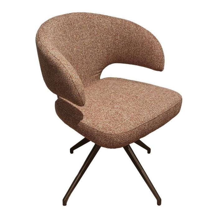 Armstoel Hetton in cognackleurige stof met afgeronde rugleuning en metalen kruispoot.