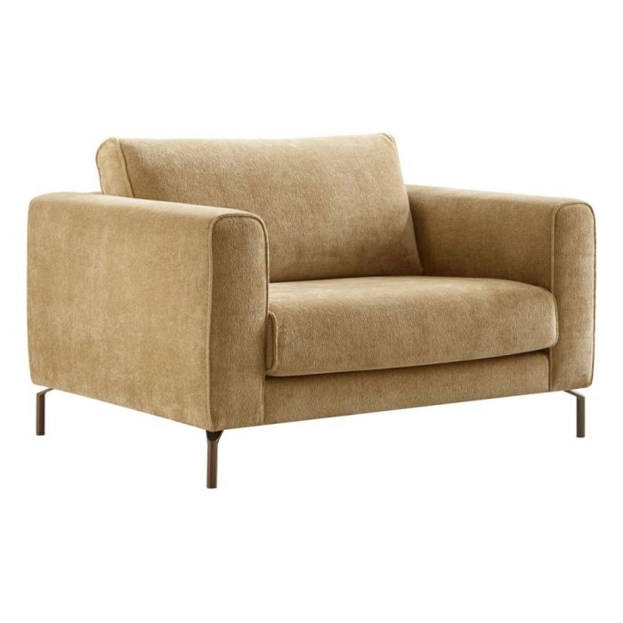 Linoza loveseat bouclé lichtbruin, schuin van voren met brede armleuningen en metalen poten