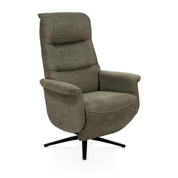 Relaxfauteuil Twistello in mosgroene stof met elektrische relaxfunctie en zwart metalen sterpoot
