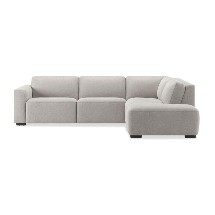 Moderne hoekbank Babette in lichte stof met clean design en ottomane rechts