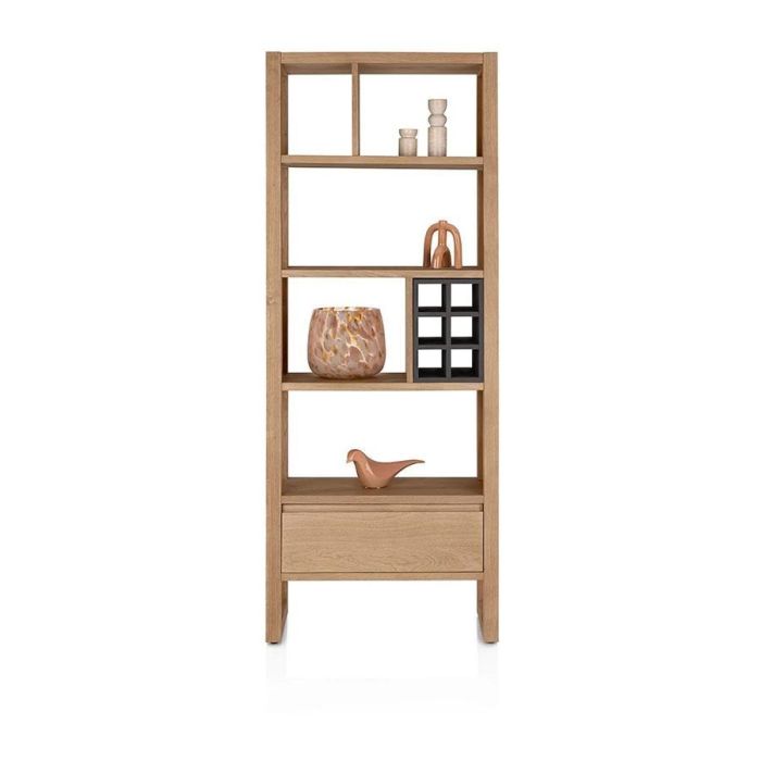 Roomdivider Bonaire van Happy@Home in gelakt eikenfineer met open niches, lade en grafietkleurig metalen onderstel