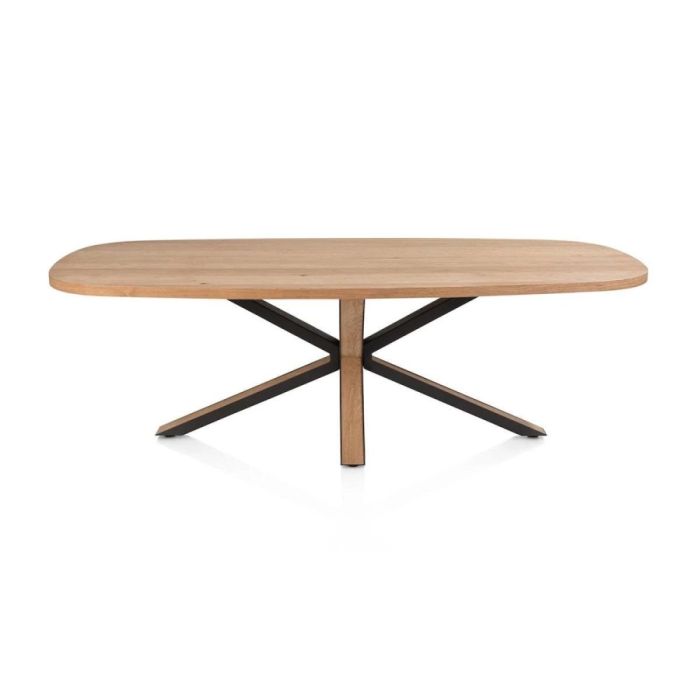 Ovale eettafel Bonaire van gelakt eikenfineer met metalen onderstel en houtinleg, frontaal weergegeven