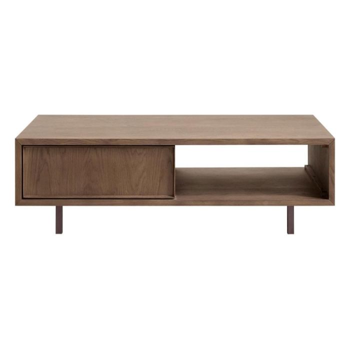 Salontafel Calvo bruin 123x64 cm met eiken fineer, twee laden links en open vak rechts op donkerbruine metalen poten.