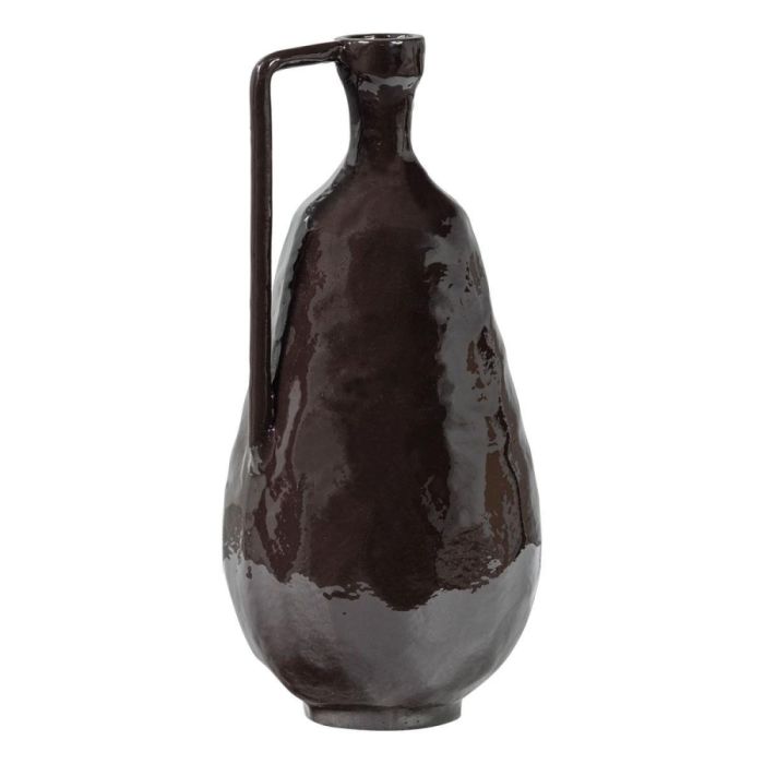 Donkerbruine Indre vaas van WOOOD met glanzende afwerking en oorvormig handvat