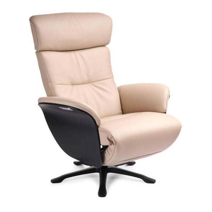 Beige leren relaxfauteuil Nova met hoge rugleuning en zwart draaionderstel.