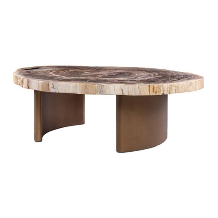 PTMD salontafel Yoel met organisch blad van versteend hout en gebogen metalen poten
