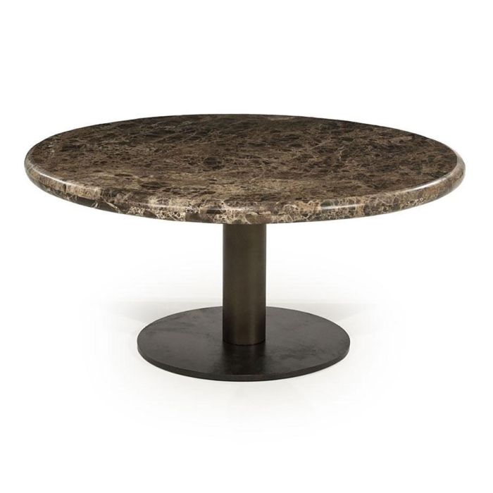 Eleonora salontafel Luigi met rond Emperador marmeren blad en donker ijzeren onderstel, vrijstaand op witte achtergrond
