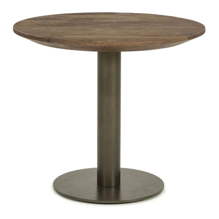 Eleonora salontafel Esila Small met rond mangohouten blad en ijzeren onderstel, vrijstaand op witte achtergrond