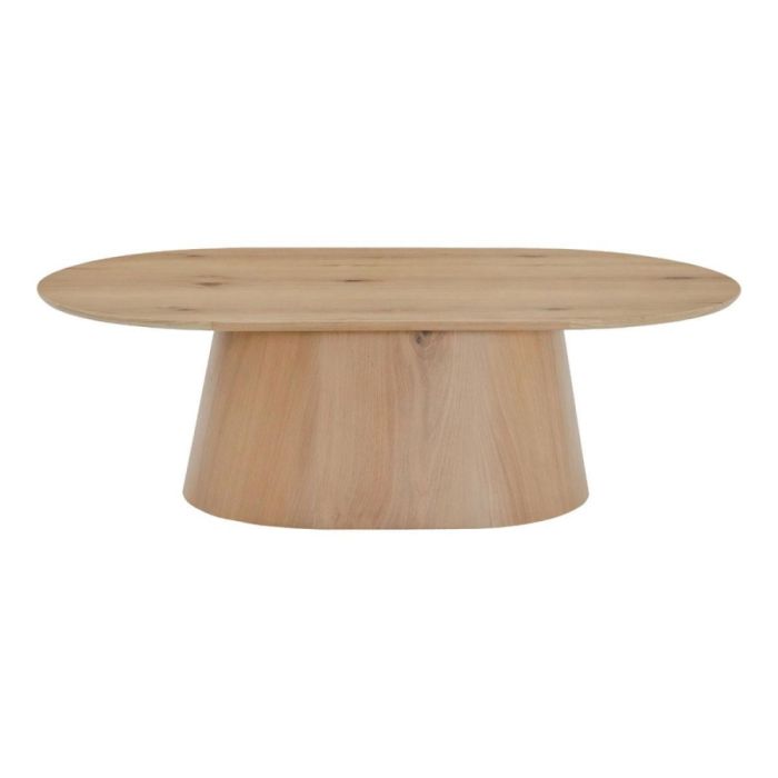 Livingfurn salontafel Novero Oval 120 cm in Natural Oak met ovaal blad en brede houten voet op witte achtergrond