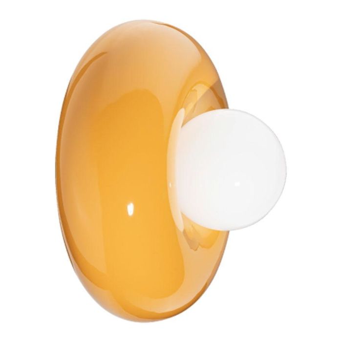 Wandlamp BumBum in geel met glanzende ronde vorm en witte bolvormige lichtbron
