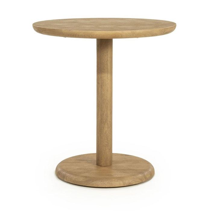 Ronde Eleonora bistrotafel Florent naturel van mangohout met stevige middenpoot op witte achtergrond