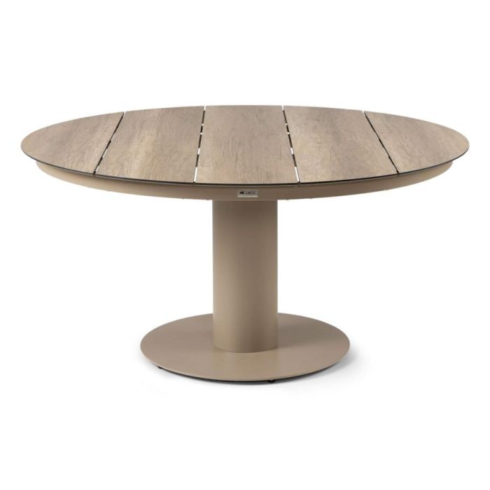 Callisto Outdoor tuintafel Vigo met rond HPL tafelblad in houtlook en aluminium plateauvoet in clay kleur