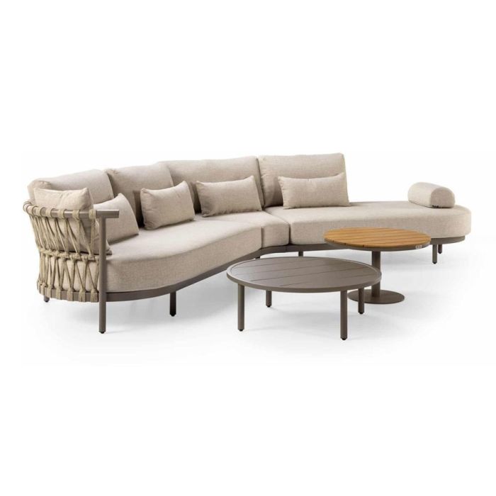 Callisto Baru 5-delige organische loungeset met beige kussens, rope rugleuning en twee ronde tafels