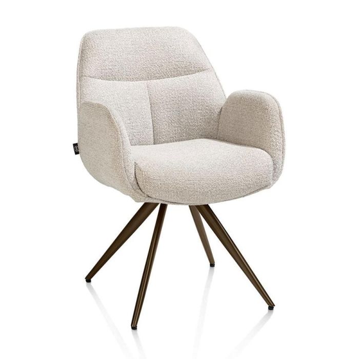 Henders & Hazel eetkamerstoel Pippa crème met armleuningen en draaibaar steelbrown onderstel schuin van voren