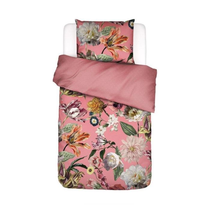 ESSENZA Filou dekbedovertrek met bloemenprint op roze achtergrond, bovenaanzicht