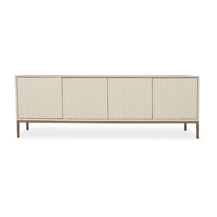 TV-meubel Madison Sand van gezandstraald mangohout met verticaal lattenpatroon en bronzen metalen frame, vooraanzicht