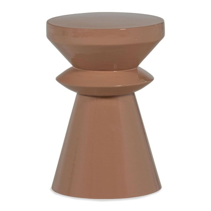 Bijzettafel Banari in oudroze met sculpturale vorm, glanzende afwerking en rond tafelblad