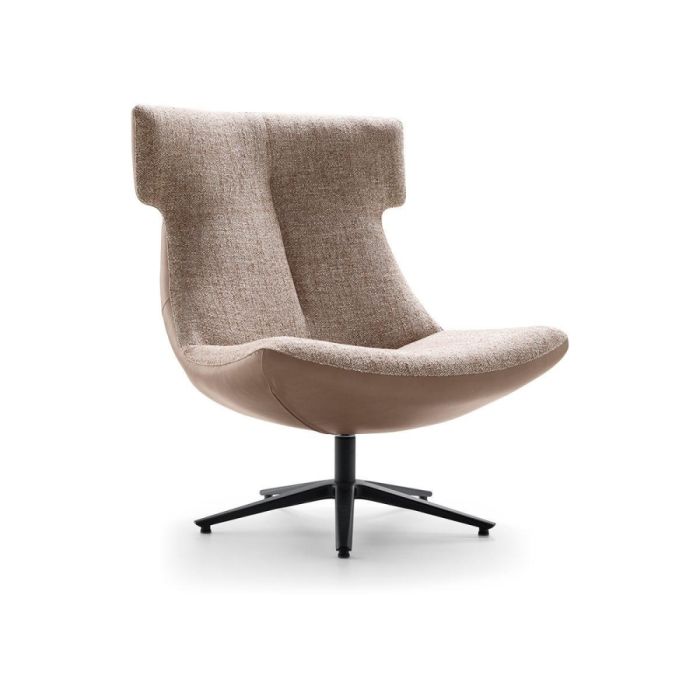 Baenks draaifauteuil Hickson in stof Light Brown met leder Granada Taupe en zwarte draaivoet