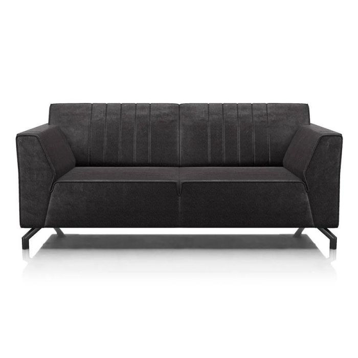 Henders & Hazel 2,5-zitsbank Zembla in donkere bekleding met strakke armleuningen en slanke zwarte poten, frontaal gefotografeerd.