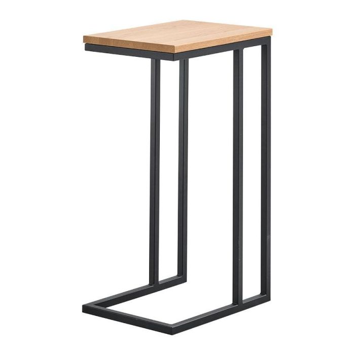 Schuin vooraanzicht van laptoptafel Budrio met lichtbruin melamine blad en open zwart metalen onderstel