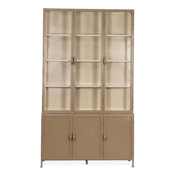 Grote vitrinekast in cappuccino-zand kleur met zes deuren en glazen bovenkasten tegen witte achtergrond