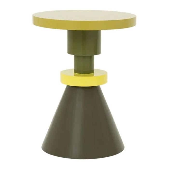 Urban Nature Culture bijzettafel in limoengeel en groen van mangohout met ronde bladen en taps toelopende voet