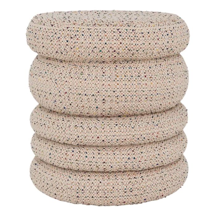 Ronde poef Cinco Multicolor met gestapelde, mollige lagen in lichtgekleurde tweedstof met kleurrijke spikkels