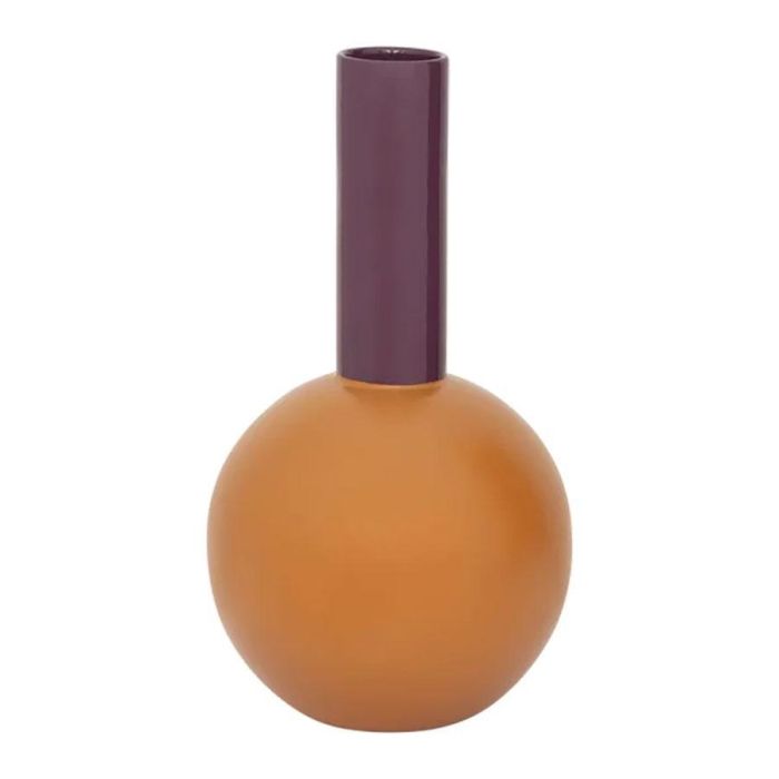 Keramieken vaas met ronde oranje basis en paarse hals in een modern kleurrijk design.