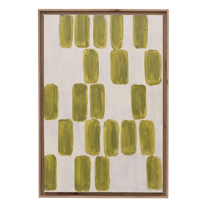 Wanddecoratie met groen abstract patroon in eikenhouten lijst op lichte achtergrond