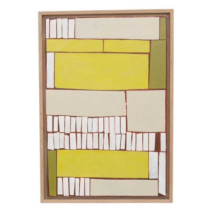 Urban Nature Culture wanddoek Lesedi met handgeschilderd geometrisch patroon in geel, crème en groen in eikenhouten lijst