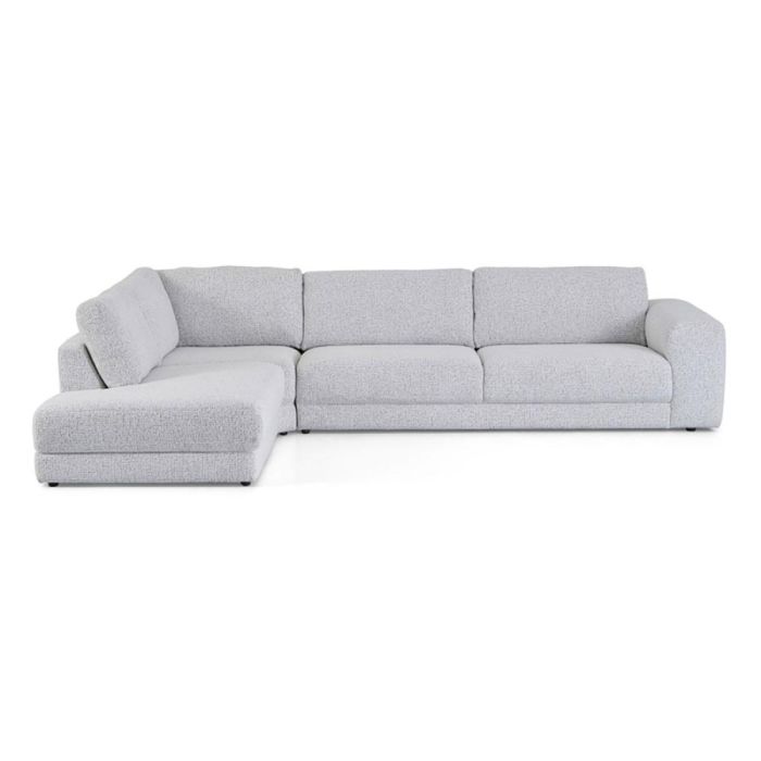 Montèl hoekbank 40-3 Links Pearl in lichte chenille stof met ronde vormen en chaise longue links, vrijstaand tegen een witte achtergrond.