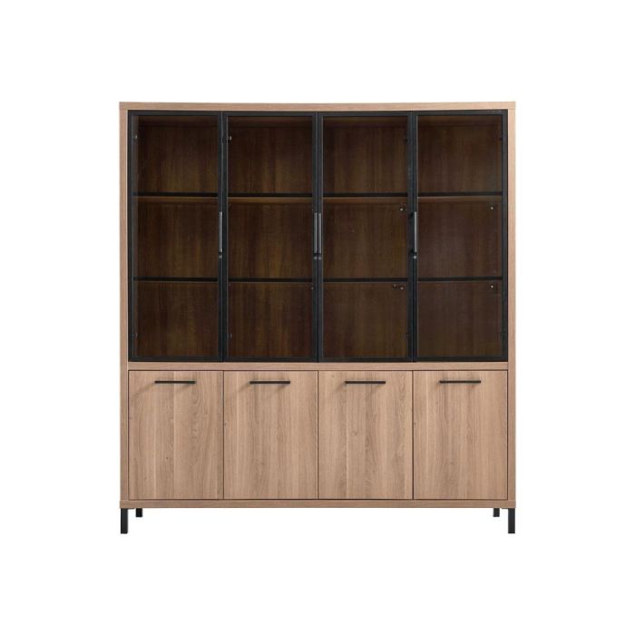 Hoge boekenkast Selinia in Brown Cuneo Oak met vier glasdeuren en vier dichte onderdeuren