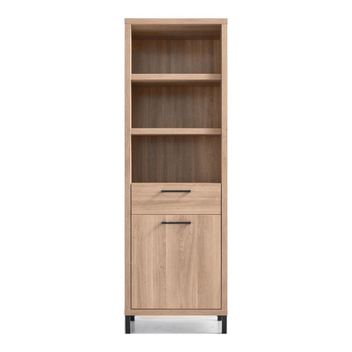 Smalle boekenkast Selinia met drie open vakken, lade en deurtje