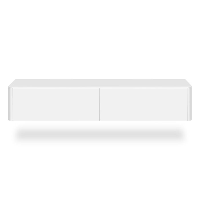 Wit zwevend tv-meubel Moiano van 200 cm met afgeronde hoeken en strakke fronten