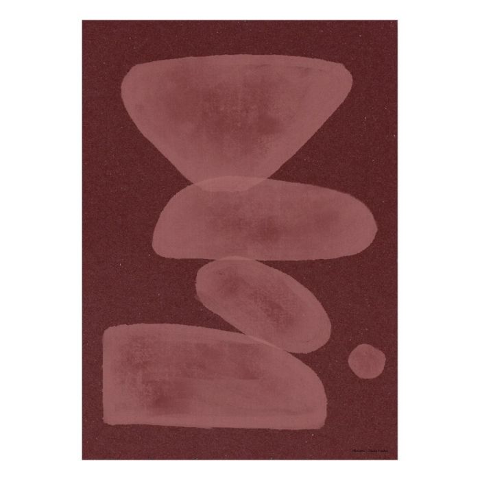 Abstracte art print met lichtroze vormen op bordeaux achtergrond in minimalistische compositie
