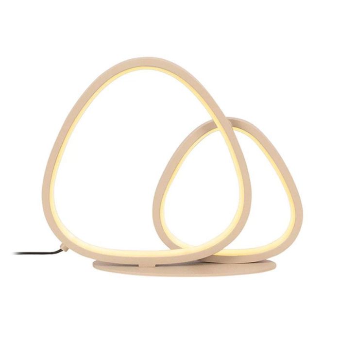 Taupekleurige Lucide Samling tafellamp met twee organische ringen en geïntegreerde LED, vrijstaand op witte achtergrond.
