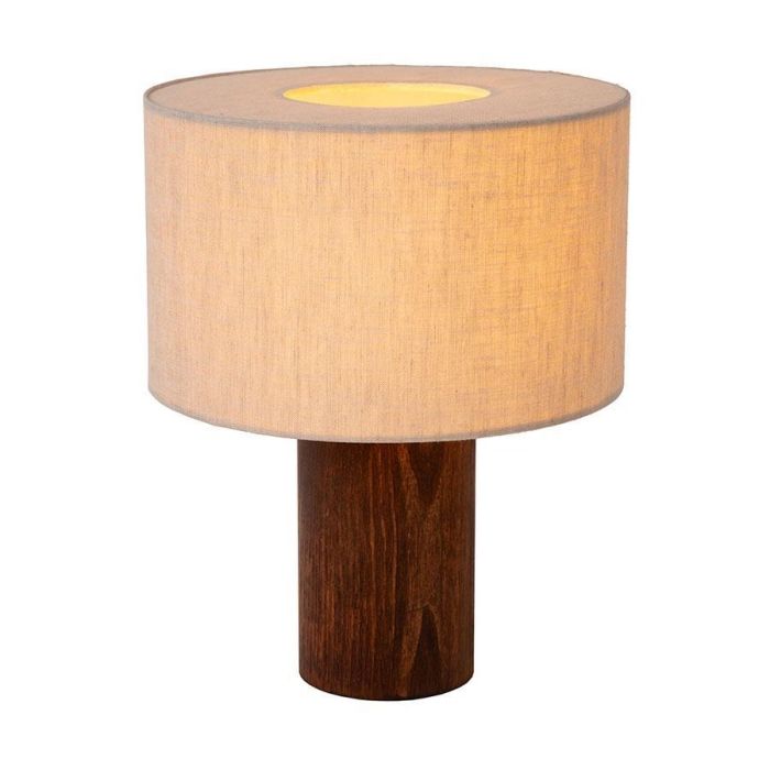 Lucide Tachina tafellamp met donkerhouten cilindervoet en brandende linnen kap op witte achtergrond.