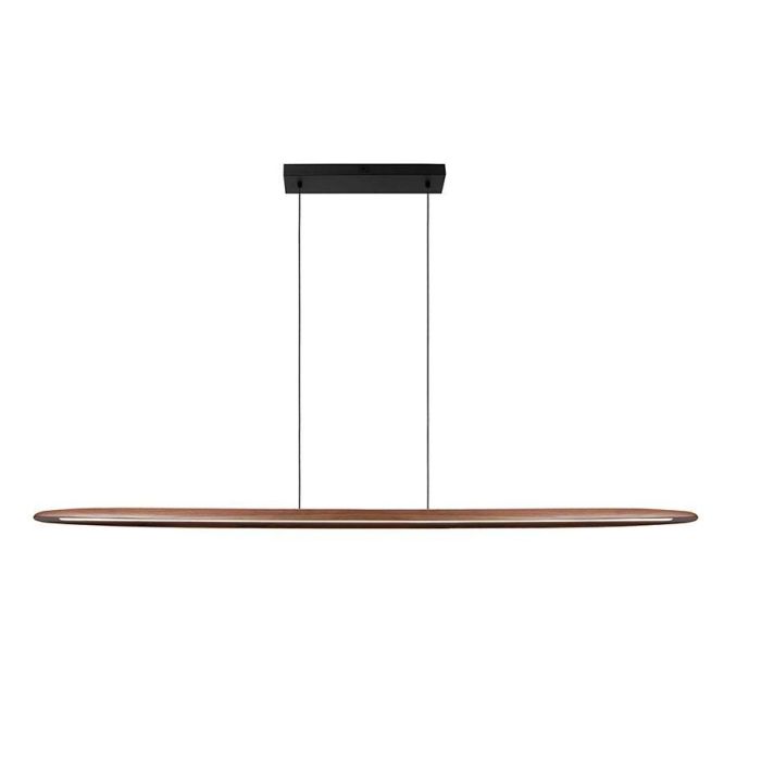 Slanke Lucide Langholt hanglamp in licht hout met zwarte plafondplaat en twee kabels, vrijstaand op witte achtergrond.