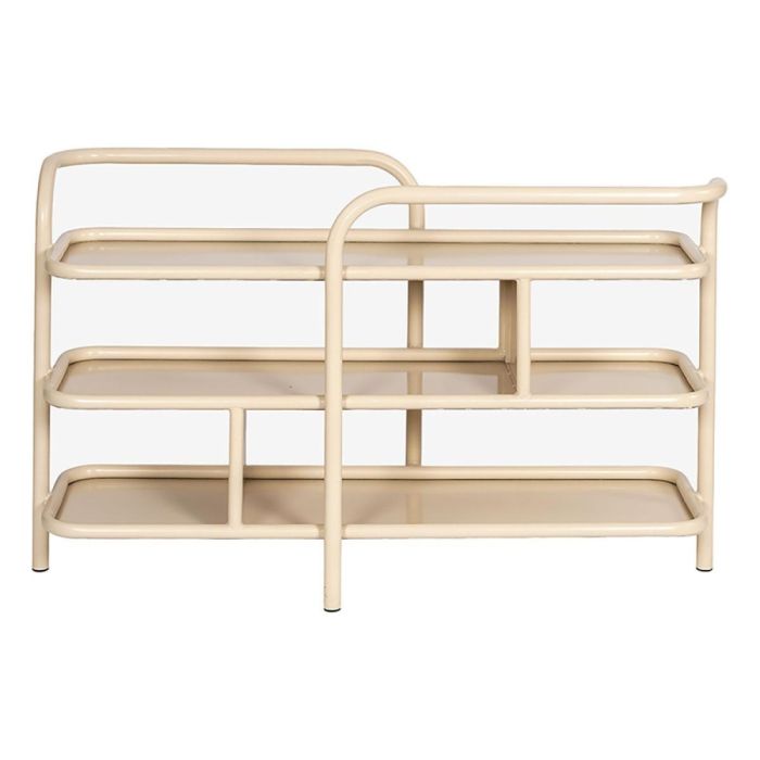 New Routz Colby sidetable in zand met afgerond metalen frame en drie open plateaus tegen witte achtergrond