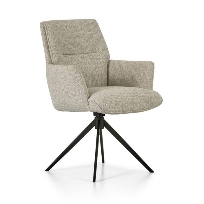 Montèl Luna eetkamerstoel in beige Cayenne stof met zwart metalen draaivoet schuin van voren gefotografeerd