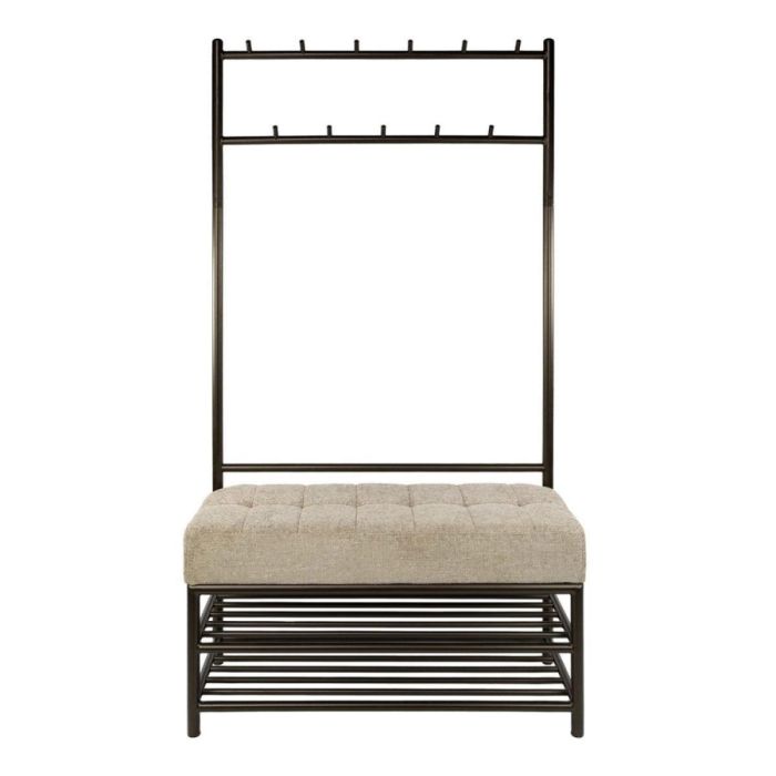 Garderobebank Luno drift brown met zitkussen, haken en schoenenrek vooraanzicht