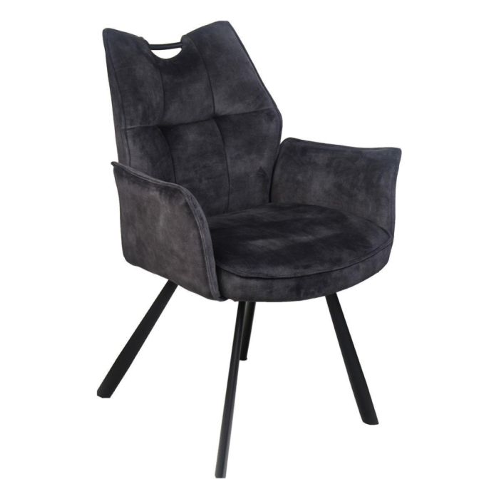 Armstoel Mabel in antraciet met verticale stiknaden, ronde zitting en zwarte metalen poten schuin van voren