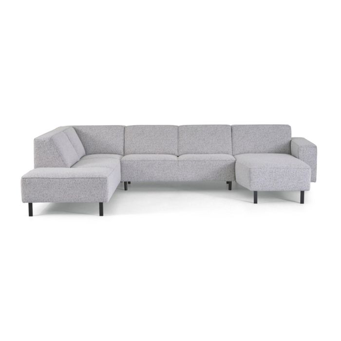 Montèl 40-4 Rechts hoekbank in lichtgrijze stof met kubistische vorm en zwarte metalen poten vrijstaand op witte achtergrond
