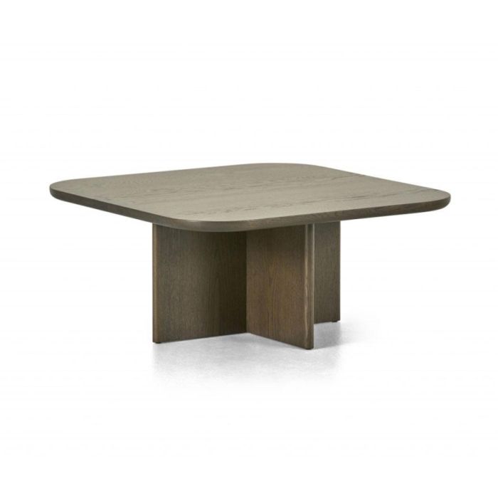 Montèl Combi Plus salontafel in Smoked Moss schuin van voren met vierkant blad en kruisvormig houten onderstel