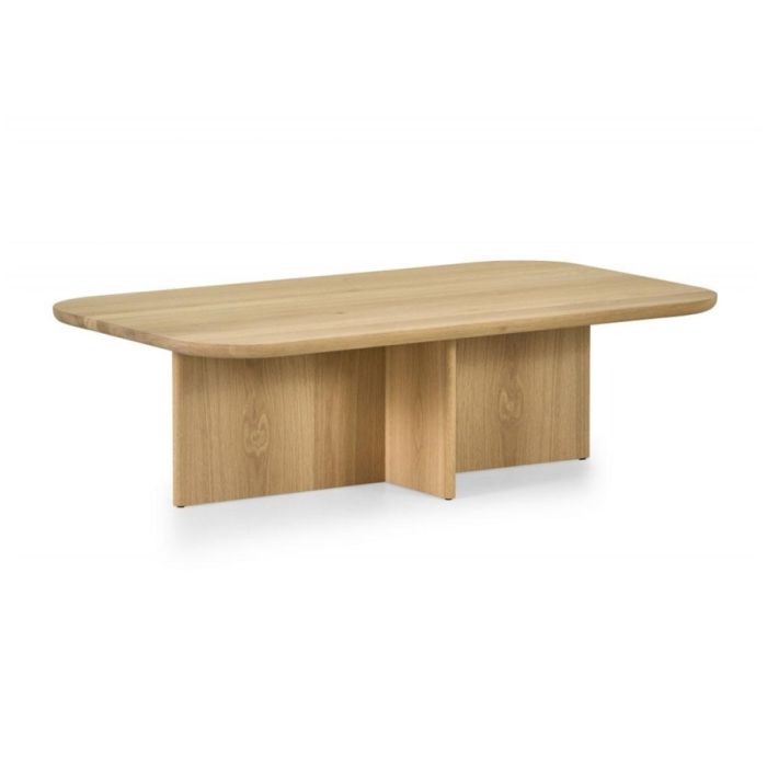 Montèl Combi Plus salontafel in naturel eiken schuin van voren met rechthoekig blad en kruisvormig houten onderstel